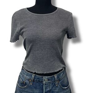 American Eagle Waffle Knit Semi Crop Baby Tee Ruffle Cabbage Hem Grey Sz Medium